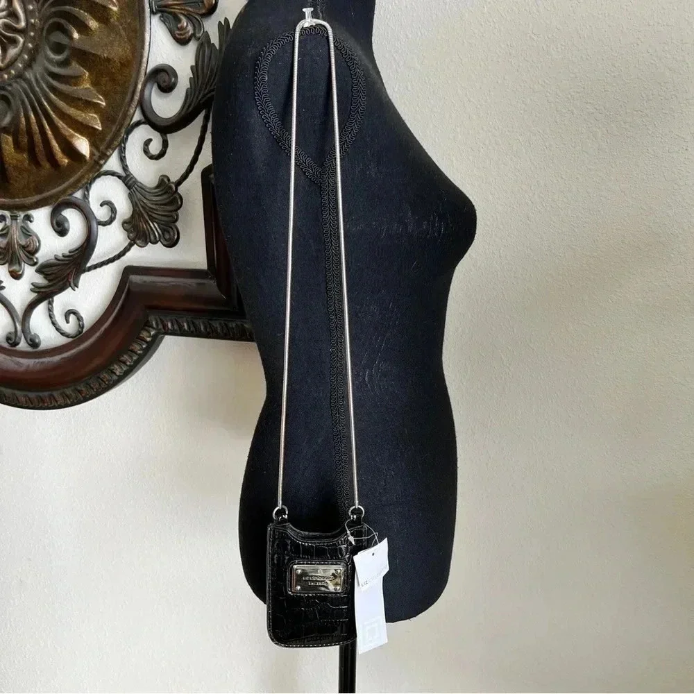 Liz Claiborne Phone & ID Holder Black Reptile Patent Vegan Leather Crossbody